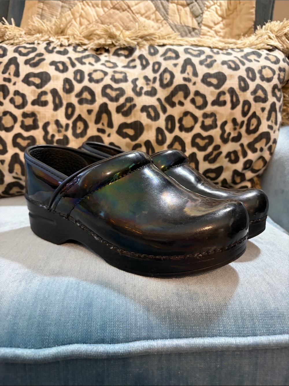 Dansko Black Iridescent Patent Leather Clogs